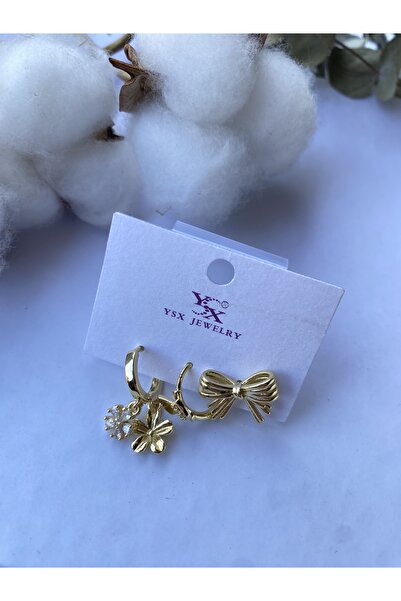 Tasarım 3lü Fiyonk Kelebek ve Çiçek detaylı Minimal Çelik Küpe