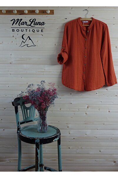 MarLuna Kadın Tarçın Turuncu Rengi Pamuklu Müslin Düğmeli Salaş Gömlek - Mevs...