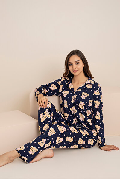 rindahomewear Kadın Desenli Milan Örme Uzun Kol Kadın Düğmeli Pijama Takımı