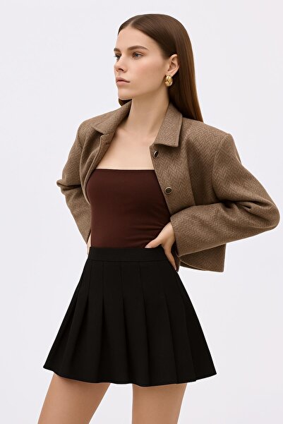 Fashion Friends Fusta mini plisată cu talie înaltă elastică, neagră