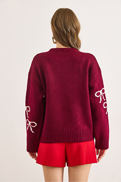 Olalook Women's Burgundy Bow Detailed Soft Textured Thick Knit Sweater Kzk-19001010