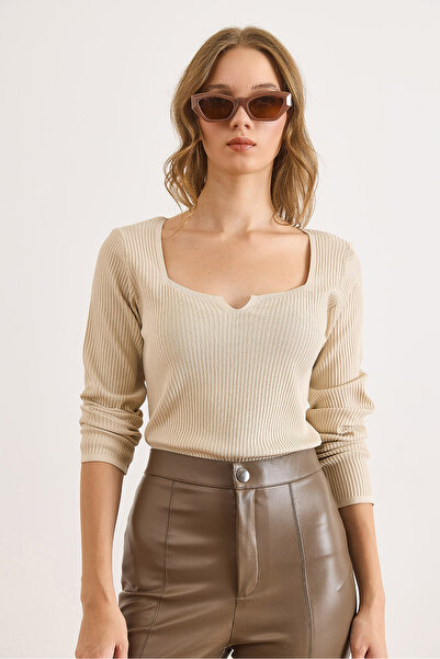 Olalook Kadın Bej Yaka Detaylı Fitilli Esnek Triko Bluz BLZ-19003132