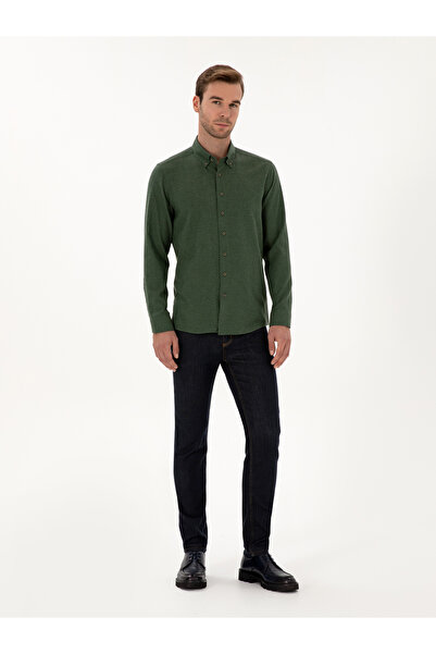Cacharel Yeşil Slim Fit Pamuk Karışımlı Yakası Düğmeli Flanel Gömlek 50318243-VR054
