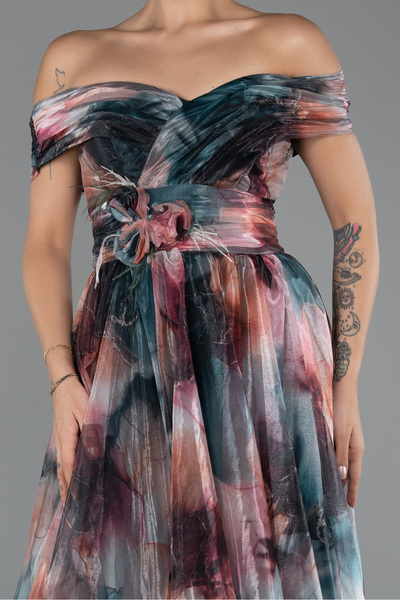 Abiyefon Soğan Kabuğu Kayık Yaka Uzun Empirme Abiye Elbise ABU5262