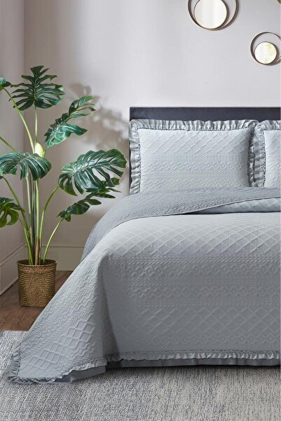 Çeyiz Diyarı Roma Elyaf Dolgulu Çift Kişilik 240x260 Cm Yatak Örtüsü Gri