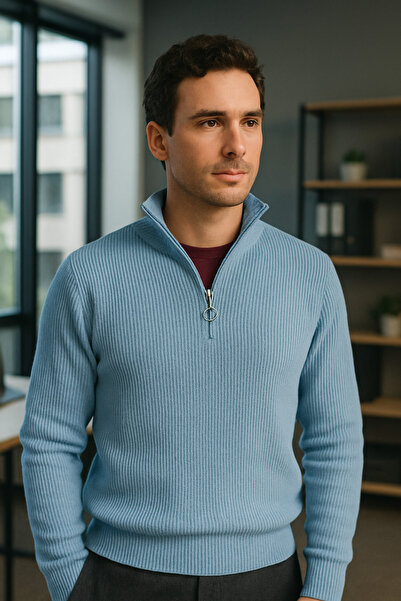 oneoff 3 Pack Men's Corded Fabric Half Zipper Collar Detailed Knitwear Baby Beige Burgundy Sweater