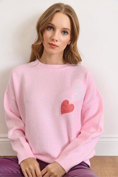 Olalook Pulover de tricotat cu textura moale, cu detaliu inimă roz pentru fem...