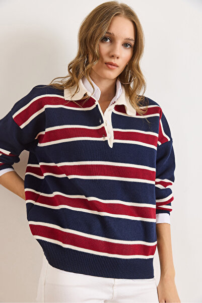 Olalook Kadın Lacivert Bordo Polo Yaka Oversize Triko Kazak KZK-19001017