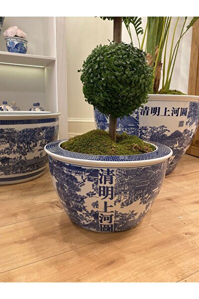 Dekordan House İthal Özel Seri Bleu Blanc Poselen Saksı 40x24CM