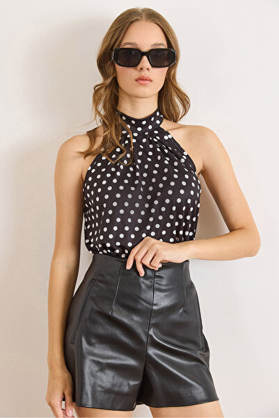 Olalook Women's Polka Dot Black Collar Buttoned Halter Neck Flowy Blouse Blz-19002673
