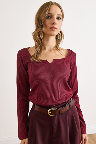 Olalook Women's Burgundy Collar Detailed Ribbed Stretchy Knit Blouse Blz-19003132
