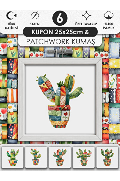 FabricMarket Patchwork ve Quilting İçin %100 Pamuk Desenli Kumaş Seti – 6 Kupon + Ek Panel