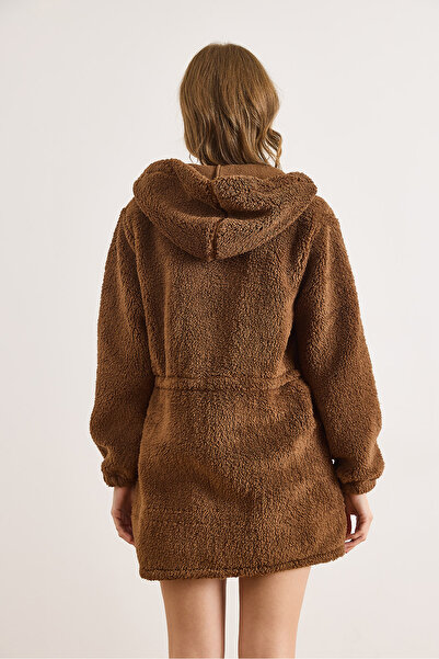 Olalook Women's Brown Hooded Unlined Wellsoft Coat with Drawstring Waist Detail Mnt-19000050