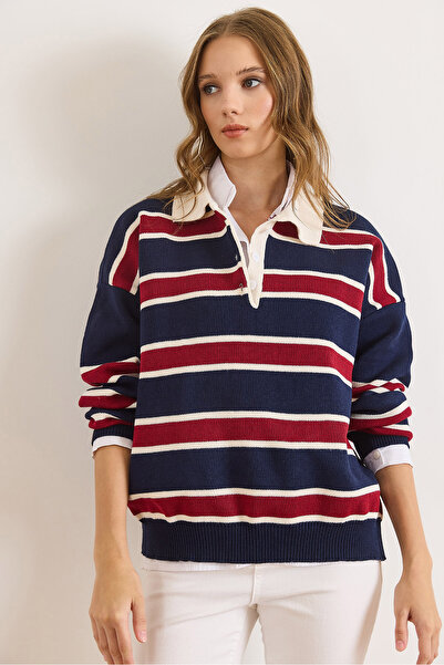 Olalook Kadın Lacivert Bordo Polo Yaka Oversize Triko Kazak KZK-19001017