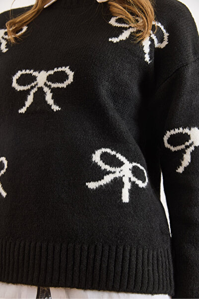 Olalook Women's Black Bow Detailed Soft Textured Thick Knit Sweater Kzk-19001010