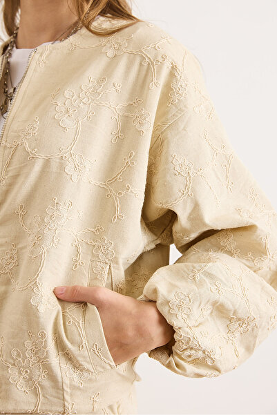 Olalook Kadın Taş Astarlı Nakışlı Cepli Mevsimlik Bomber Ceket CKT-19000481