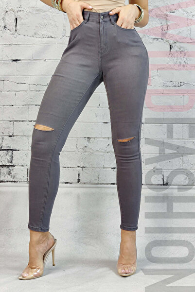 WildFashion Blugi skinny cu talie inalta si taieturi la nivelul genunchilor C...