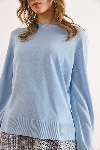 Olalook Pulover de tricotat subțire, de bază, din viscoză, albastru bebeluș, cu gâtul rotund, pentru femei KZK-19001012