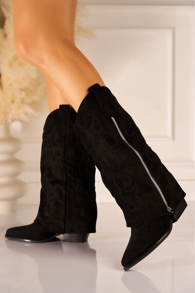 Joana Cizme negre cu toc din piele întoarsă - Stil la modă, mărimea 40