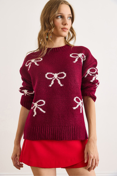 Olalook Women's Burgundy Bow Detailed Soft Textured Thick Knit Sweater Kzk-19001010