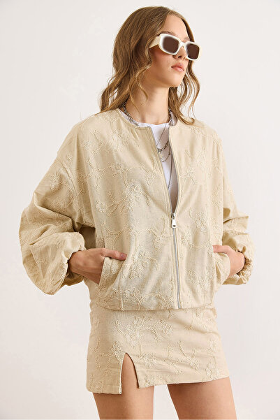 Olalook Kadın Taş Astarlı Nakışlı Cepli Mevsimlik Bomber Ceket CKT-19000481