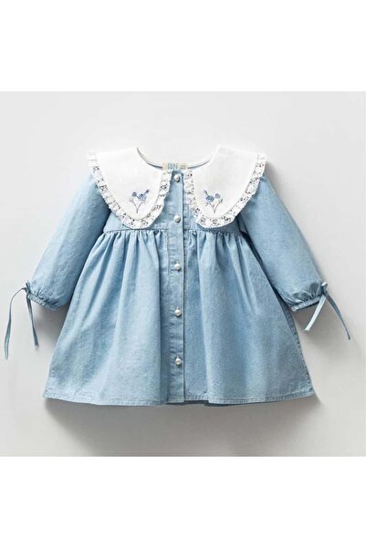 PİTABABY Beyaz Yaka Nakışlı Kot Kız Bebek Elbisesi – Uzun Kollu, Düğmeli, %100 Pamuk