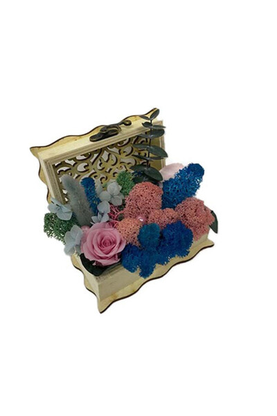 velve Aranjament floral cu trandafir criogenat,cutiuta tip cufar, roz pal, 13 x 7,5 cm, roz