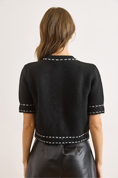 Olalook Women's Black Stripe Detailed Soft Textured Crop Beard Cardigan Hrk-19000418