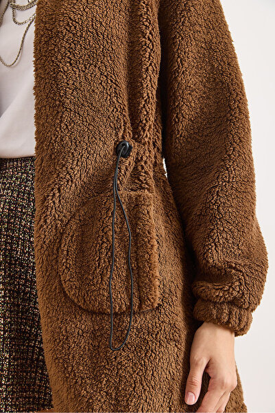 Olalook Women's Brown Hooded Unlined Wellsoft Coat with Drawstring Waist Detail Mnt-19000050