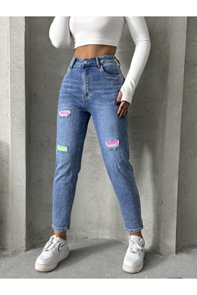 ADAMODA.RO Mom Fit Stretch Jeans with Colorful Inserts