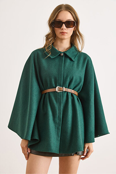 Olalook Women's Emerald Green Belted Cashmere Poncho Cardigan Hrk-19000339