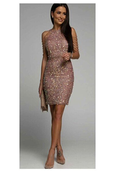 elissaa HALTER YAKA KOLLARI TAŞ DETAYLI MİNİ ABİYE ELBİSE