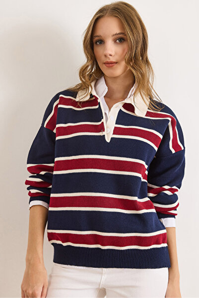 Olalook Kadın Lacivert Bordo Polo Yaka Oversize Triko Kazak KZK-19001017