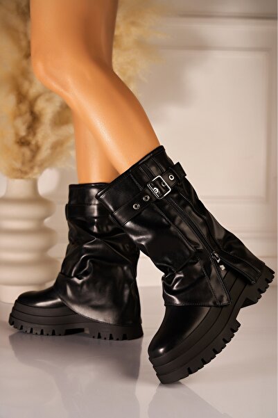 Joana Γυναικείες Μαύρες Μπότες Πλατφόρμας - Δερμάτινες Coraley