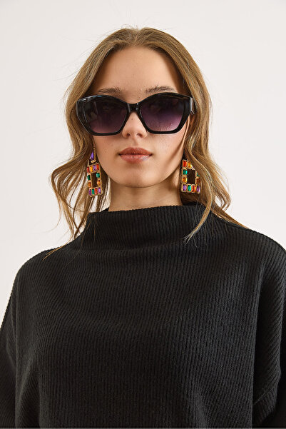 Olalook Kadın Siyah Dökümlü Dik Yaka Şardonlu Yumuşak Dokulu Kazak KZK-19001009