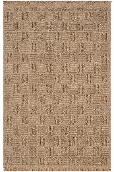 Cool Halı Mirage Brown Checkerboard Patterned Rug with Non-Slip Base Washable Bohemian Living Room Balcony Rug