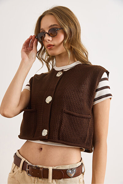 Olalook Γυναικείο καφέ πλεκτό γιλέκο με λεπτομέρεια τσέπης με κουμπιά, χοντρό πλεκτό γιλέκο YLK-19000092