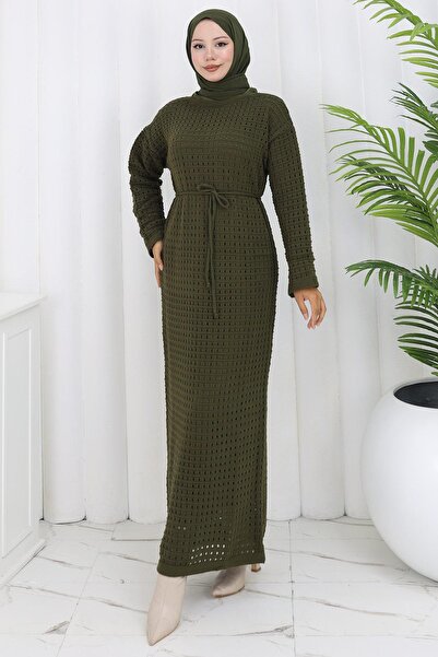 hafsamina Φόρεμα με επένδυση δαντελωτή πλέξη Χακί HM2839