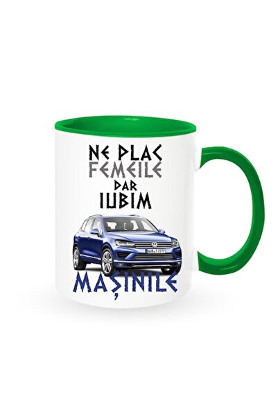 OEM Personalized mug with message: "we like women but love cars, vw touareg", Betaprint, white with gree