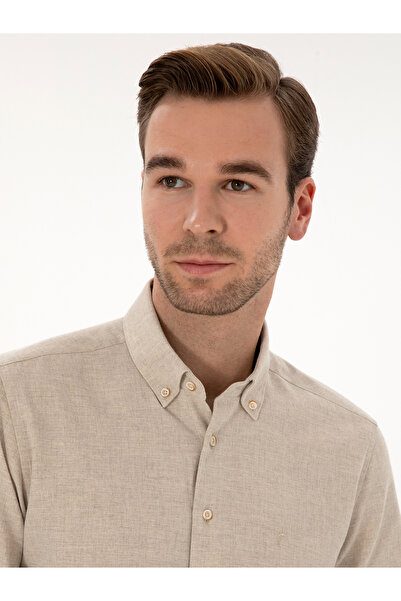 Cacharel Bej Slim Fit Pamuk Karışımlı Yakası Düğmeli Flanel Gömlek 50318243-VR011
