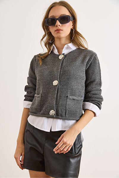 Olalook Women's Smoked Open Knit Pocketed Buttoned Thick Knitwear Jacket Ckt-19000480