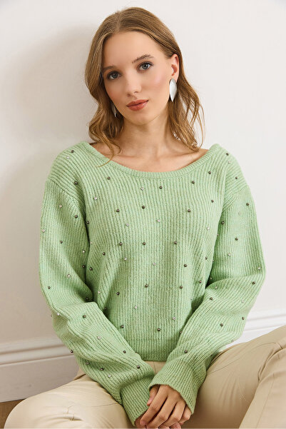 Olalook Kadın Çağla Yeşili Ön Arka Havuz Yaka İnci Taş Detaylı Triko Kazak KZK-19000879