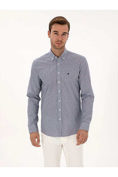 Cacharel Lacivert Slim Fit %100 Pamuk Yakası Düğmeli Çizgili Oxford Gömlek 50317994-VR033
