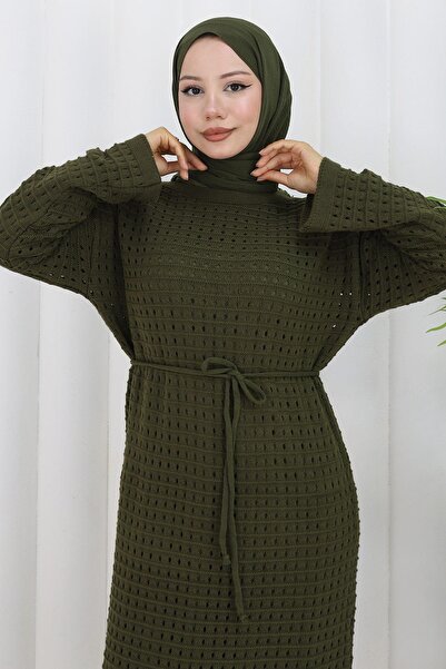 hafsamina Φόρεμα με επένδυση δαντελωτή πλέξη Χακί HM2839