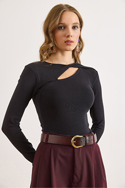 Olalook Kadın Siyah Pamuk Modal Damla Dekolteli Esnek Bluz BLZ-19003130