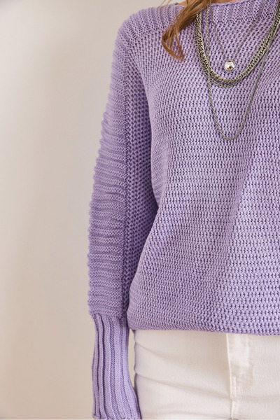 Olalook Pulover de damă cu mâneci liliac cu detalii în tricot de tip fagure KZK-19000399