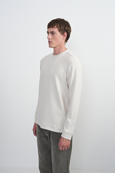 SILVANO Men's Crew Neck Striped Fabric Cream Sweatshirt