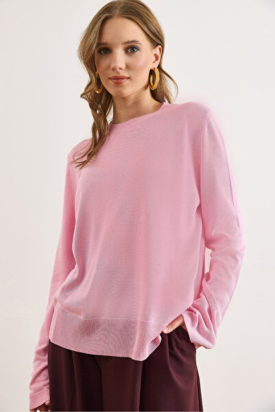 Olalook Women's Candy Pink Viscose Crew Neck Flowy Basic Slim Knit Sweater Kzk-19001012