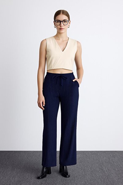 Fashion Friends Stretchy High Waist Wide Leg Striped Trousers Navy Blue
