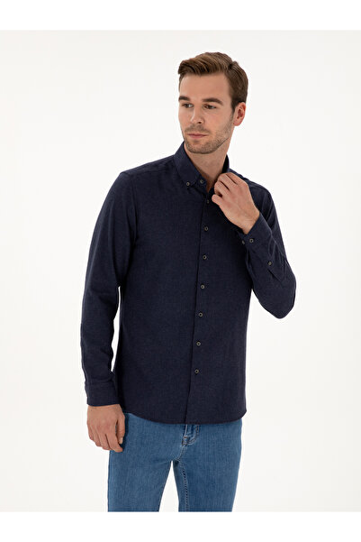 Cacharel Lacivert Slim Fit Pamuk Karışımlı Yakası Düğmeli Flanel Gömlek 50318243-VR033